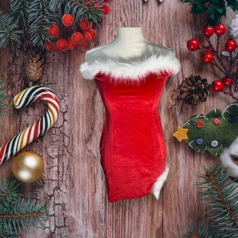 NWT ZAFUL Women's Sexy Off Shoulder Velvet Back Lace‎ Up Fur Christmas Dress - Picture 7 of 7